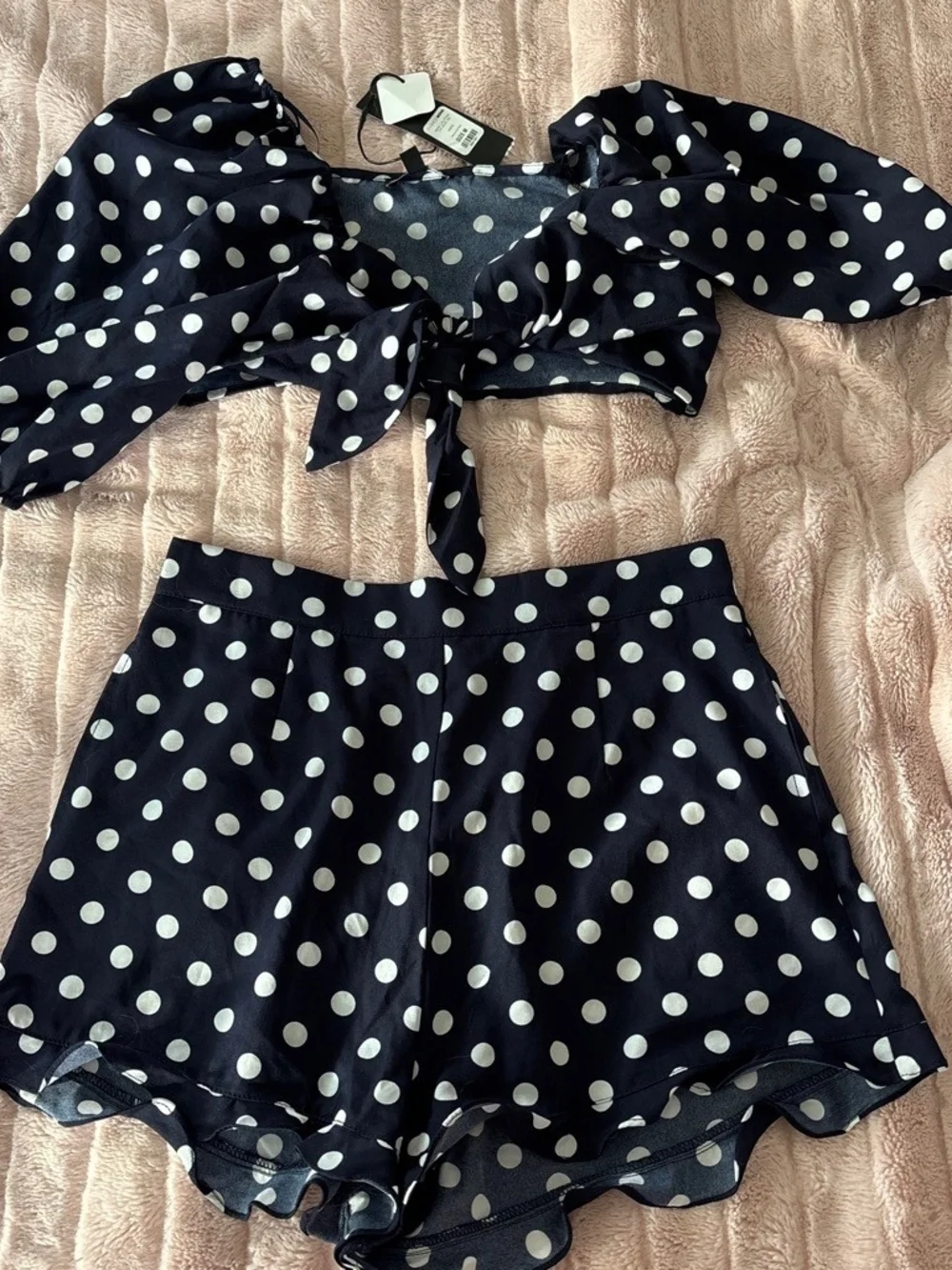 Fashion Nova Navy & White Polka Dot Two-Piece Set